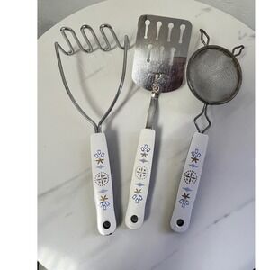 Vintage EKCO Kitchen Utensil Set Masher Spatula Strainer White Floral Handles
